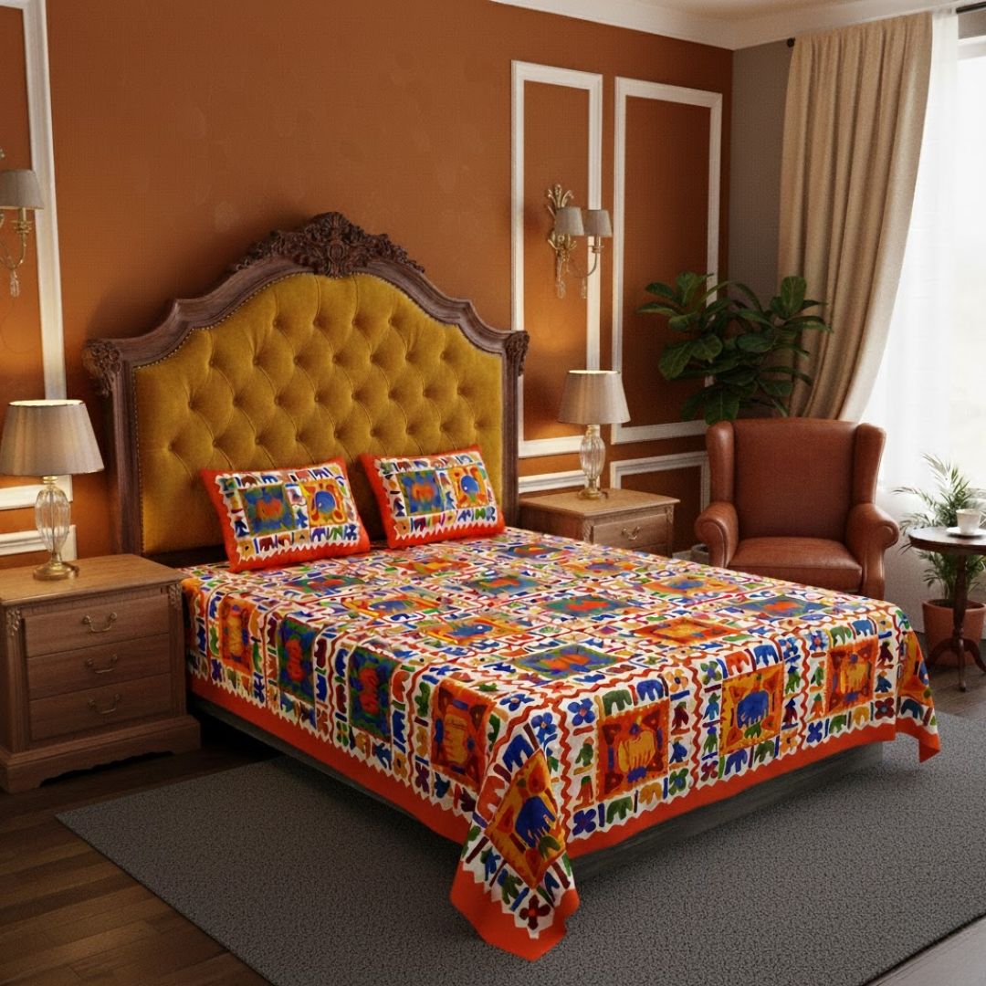 Orange Border Elephant Pattern Screen Print Double Bed Sheet